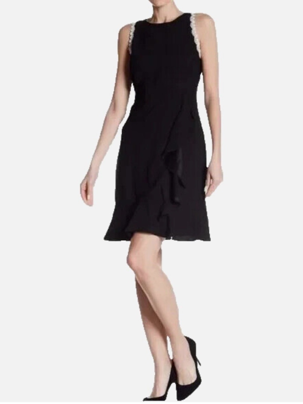 Nanette Lepore Black Sleeveless Ruffle Dress with Lace Trim